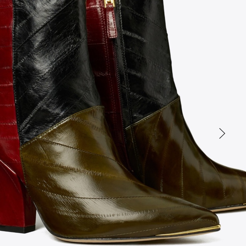 TORY BURCH LILA EEL LEATHER ANKLE BOOTIE OLIVE/BLK/WINE 90MM HEEL SIZE US 8, 8.5 - Picture 3 of 5